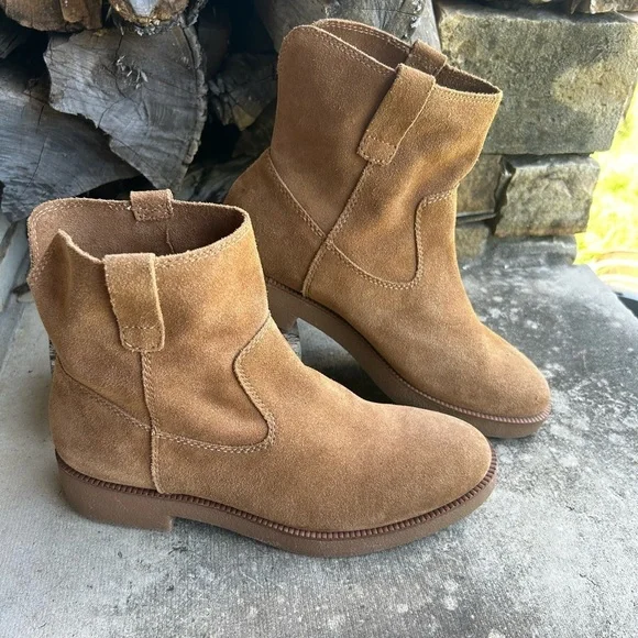 Lucky Brand Rhetty leather suede pull on booties in caramel tan NWOB Sz-9M.Q